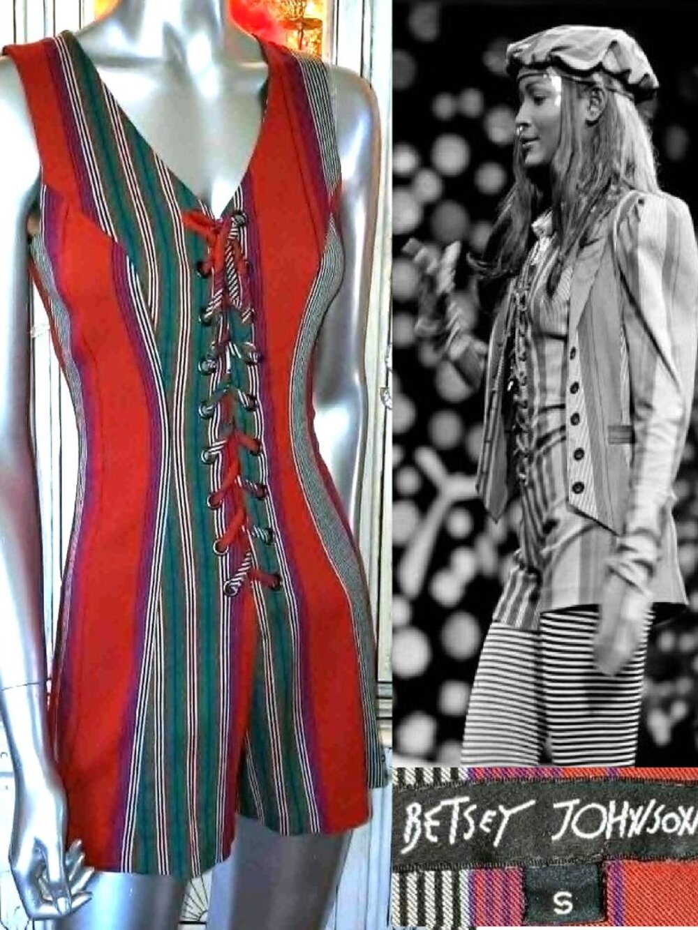 Vintage Betsey Johnson 90s RUNWAY Striped Corset Lace Up Romper Jumpsuit C VIDEO